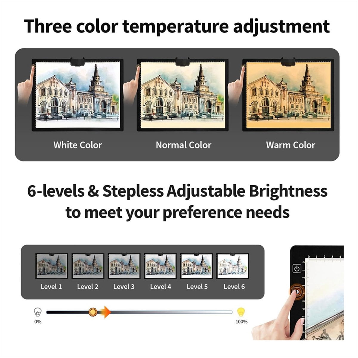 Rechargeable A3 Light Pad for ,Tracing Light Box with Stand and Clip,3 Colors Stepless Dimmable
