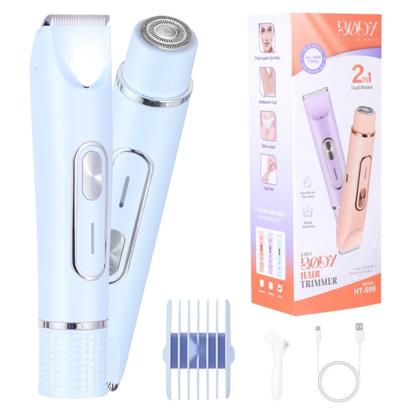 HATTEKER 2-in-1 Women's Trimmer & Lady Shaver, Dual-Head Design, Precision Trimmer for Face & Body, IPX6 Waterproof, Blue