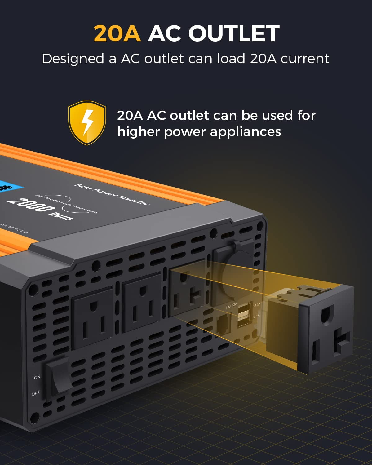 Ampeak 2000 Watts Power Inverter 12V to 110V 17 Safe Protections Inverter Digital Display 3AC Outlets 4.8A Dual USB Ports Cigarette Lighter Car Inverter