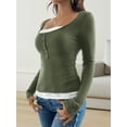 thumbnail image 4 of Lace Henley T-Shirts for Women Button Down Slim Fit Tops Long Sleeve V-Neck Tunic Top Blouse Green L, 4 of 9