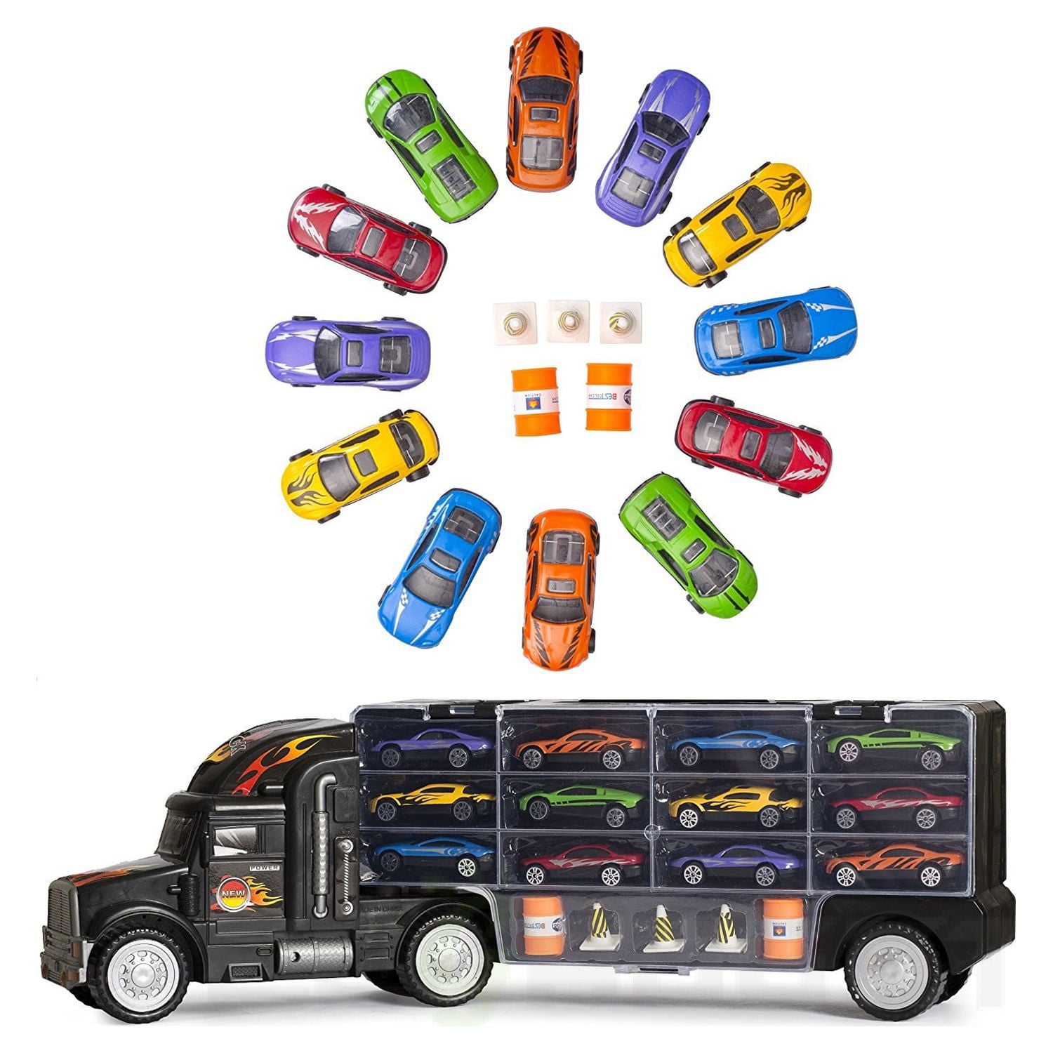 Big-Daddy Tractor Trailer Car Collection Case Carrier Transport Toy Truck For Kids Includes 12 Cars + Accessories