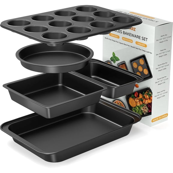 5 Pieces Baking Pans Set, Nonstick Baking Sheet Tray Oven Pans Bakeware Set, Baking Supplies with Round/Square Cake Pan, Muffin Pan, Loaf Pan, Roast Pan, Stackable Baking Sets for Cooking