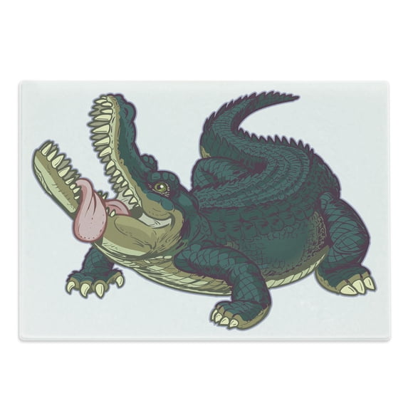 Crocodile Cutting Board, Computer Graphics of a Wild and Fierce Alligator with Sharp Teeth and Tongue, Decorative Tempered Glass Cutting and Serving Board, in 3 Sizes, by Ambesonne