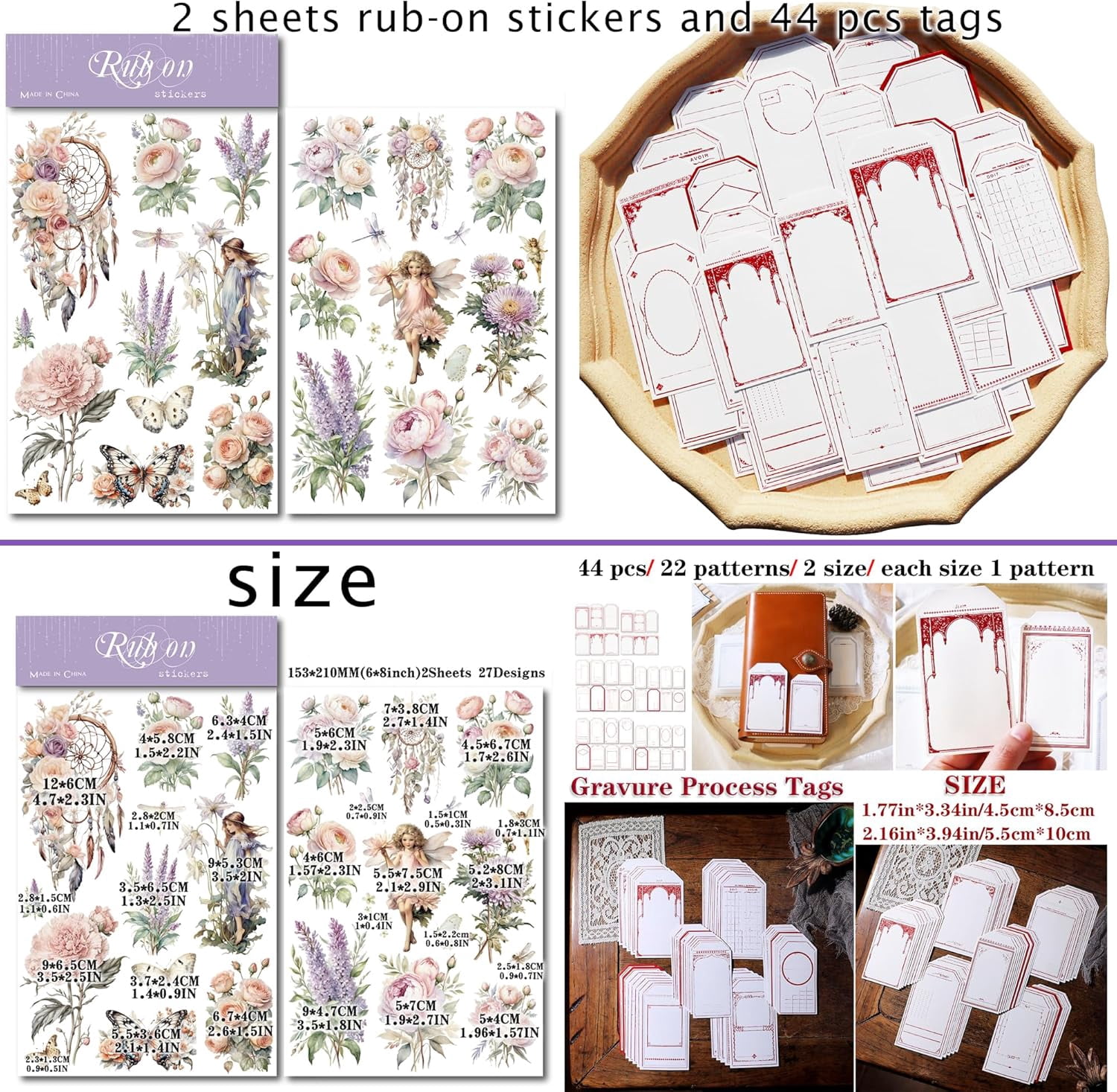 CATaireen Rub on Transfer Stickers Fit Paper Wood Fabric Fairy Elements Scrapbooking Supplies Art Collage Card Making Vintage Junk Journal Set for Adults