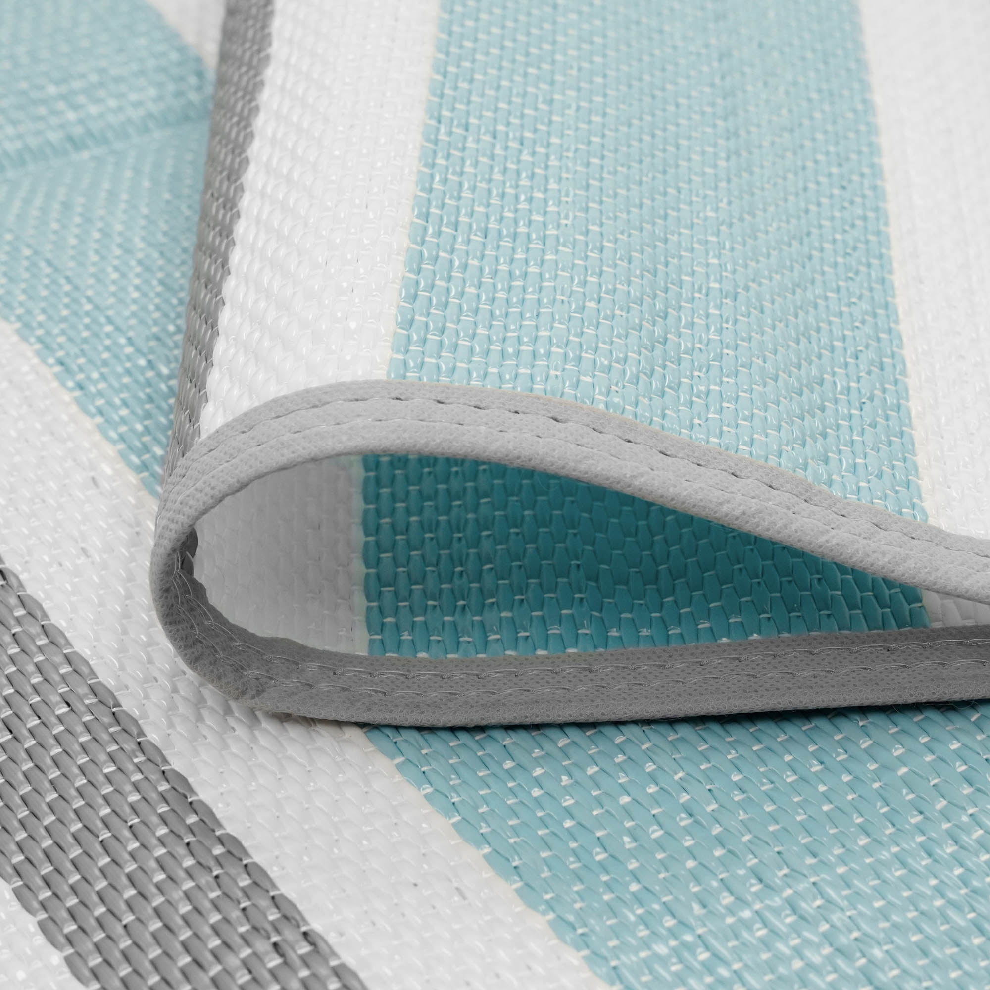 Luna Contemporary Stripe Sky and Gray Polypropylene Reversible Plastic Straw Outdoor Area Rug, 8'11'' x 11'10'' Rectangle