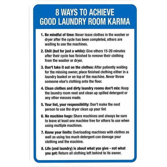 Eight Ways to Good Laundry Room Karma Sign 8"x12" - Room Security Metal for Business Home Outdoor Indoor Road Yard Garage