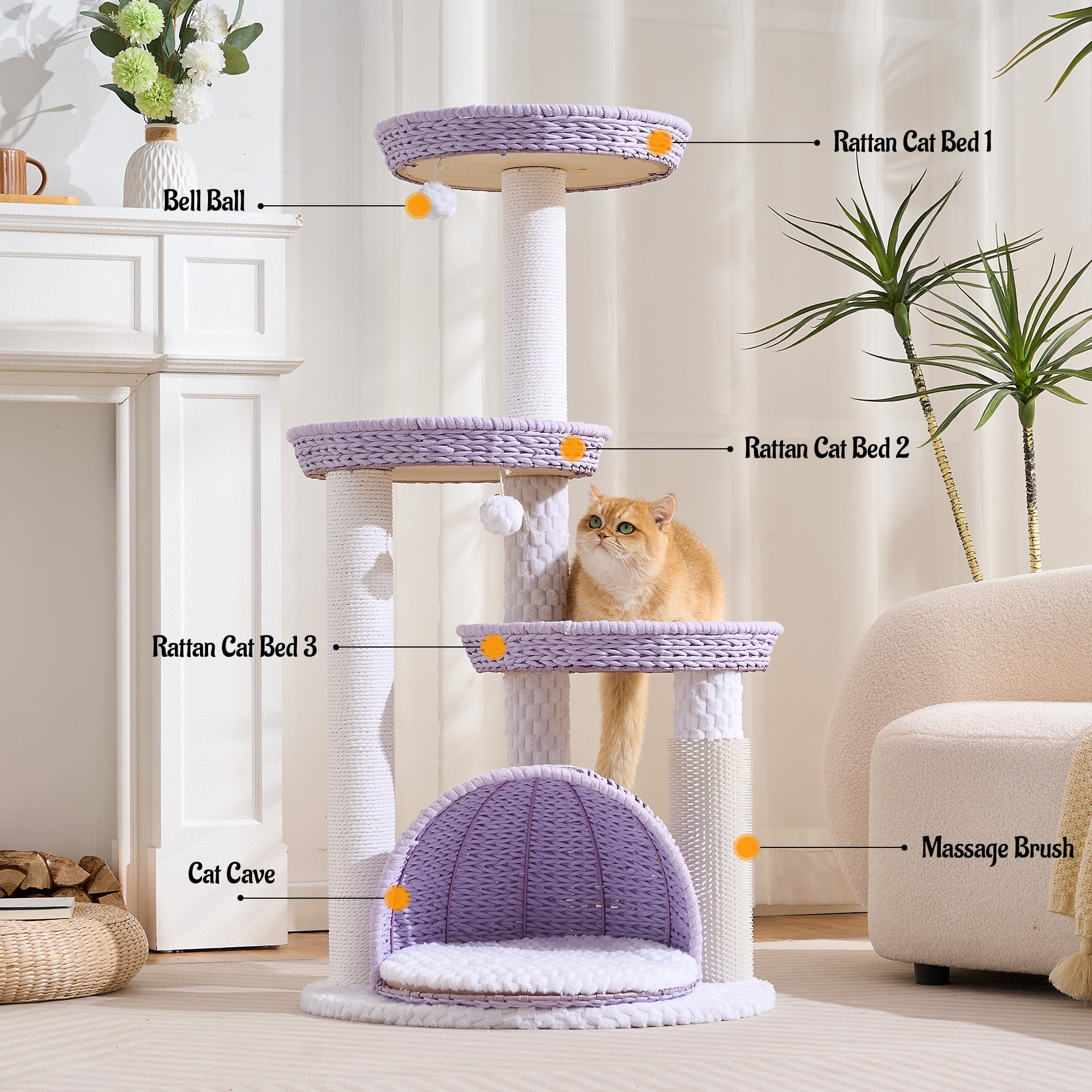 HITTITE Modern Cat Tree Tower with Scratching Post, 46 Inches Tall Cat Towers with Woven Cat Nests and Cave, Removable Cushions and Massage Brush for Indoor Cats Large Adult.
