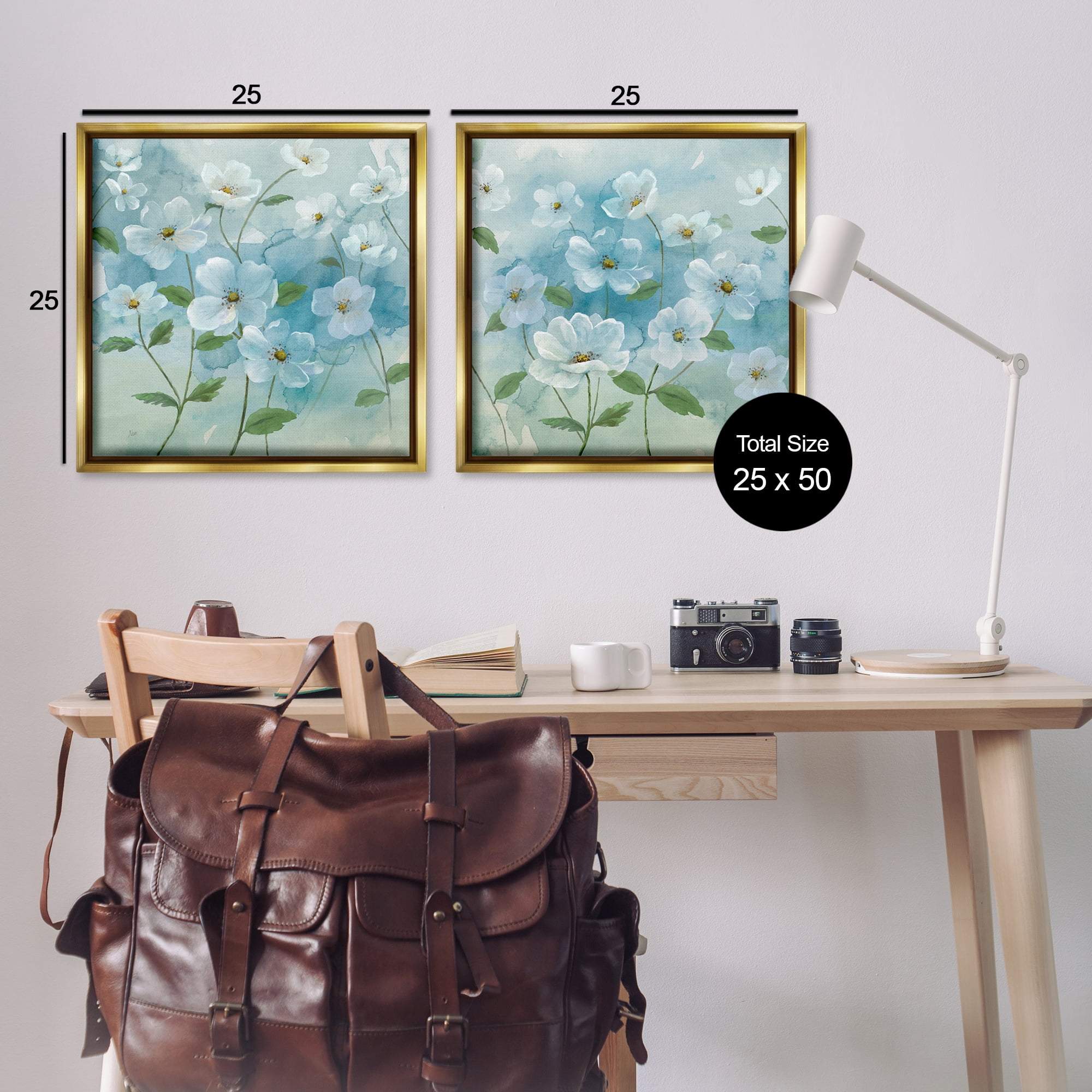 Stupell Industries Blue & White Apple Blossoms Plants & Flowers Painting Gold Floater Framed Canvas Art Print Wall Art, 25 x 25, Set of 2