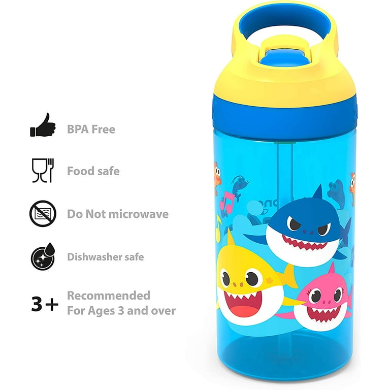 Zak Designs 16oz Baby Shark Kids Durable Plastic Water Bottle with Straw and Built in Carrying Loop Leak Proof Underwater Friends