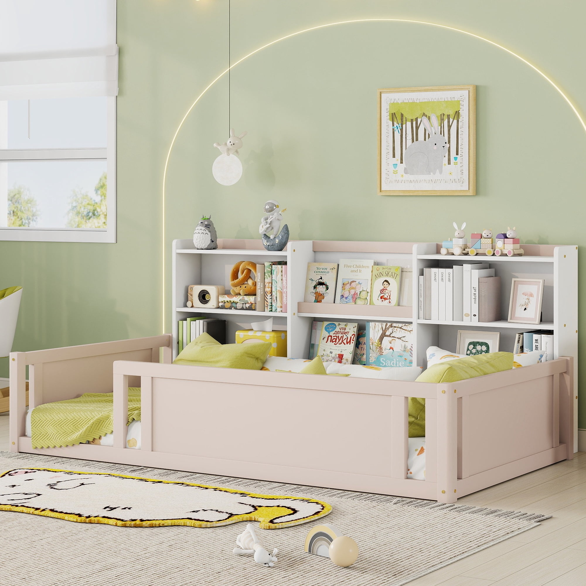 Mintazer Twin Size Montessori Floor Bed with Bookcase Headboard & Guardrails, Kids Platform Bed Frame with 6 Cubby Storage Shelves for Bedroom, White & Natural