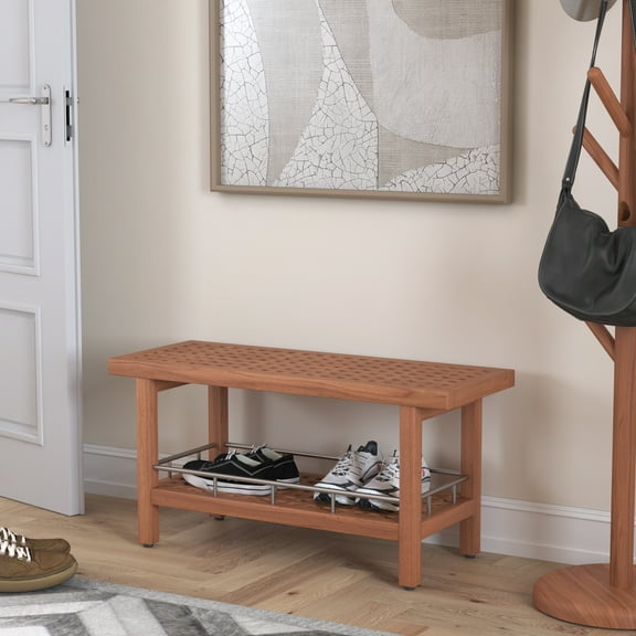 AquaTeak Patented 36" Grate Teak & Stainless Entryway Bench with Shelf
