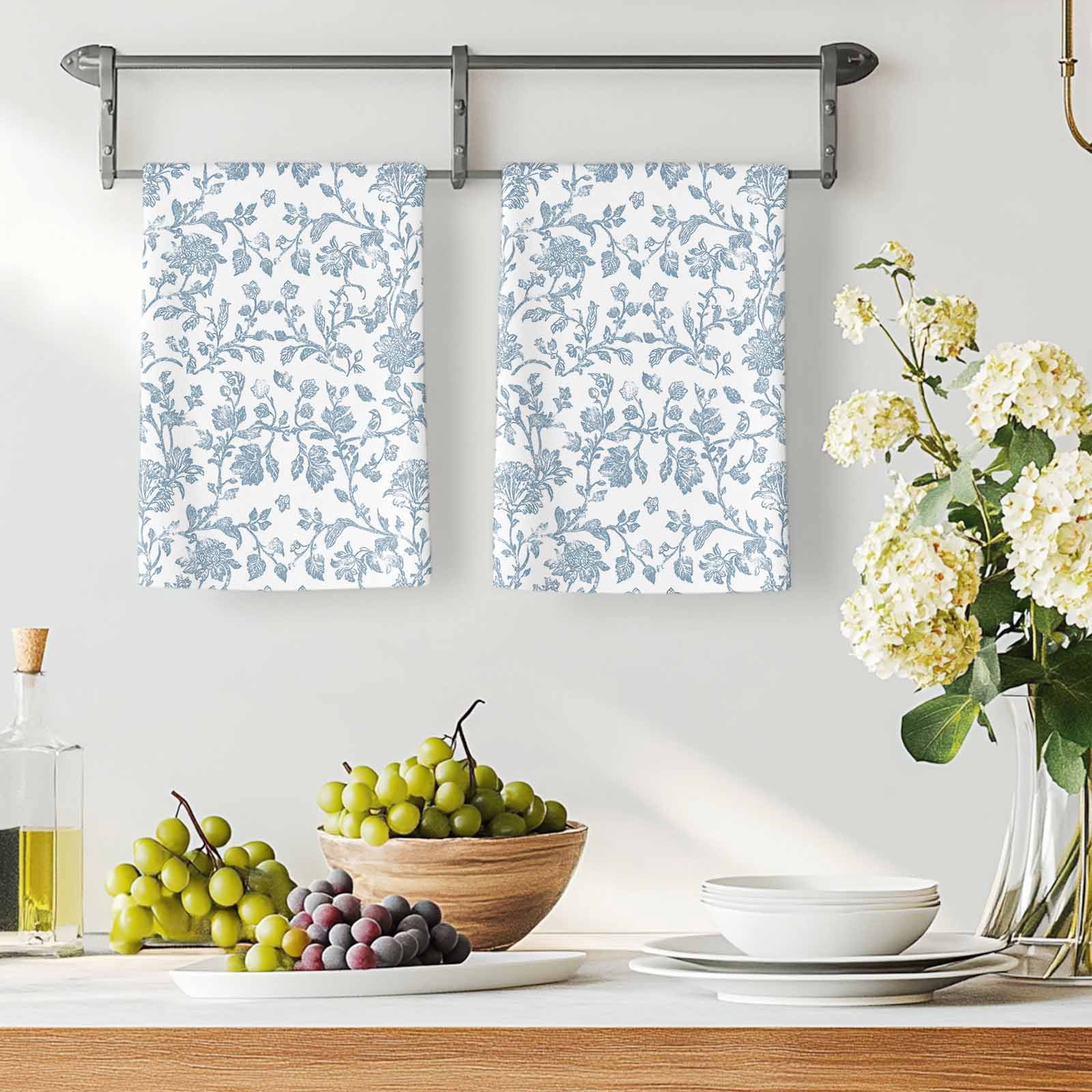 Light Blue Flower Kitchen Towels Set of 4, Vintage Farmhouse Boho Leaf Spring Soft Microfiber Dish Towels, Absorbent Quick-Dry Washable Dishcloths for Kitchen Cleaning, Drying Dishes, 18x28 Inches