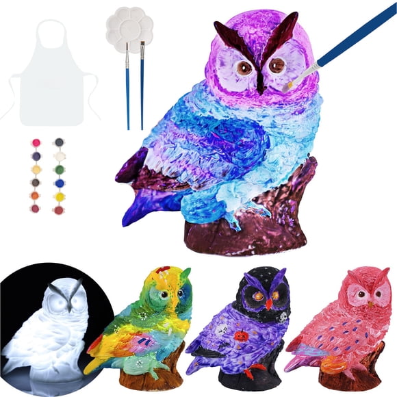 1 Set Paint Your Own Owl Lamp Kit with 12 Colors Pigments Paintbrush Palette Apron Kids DIY Color Painting Owl Night Light Educational Toy Crafts Art Supplies