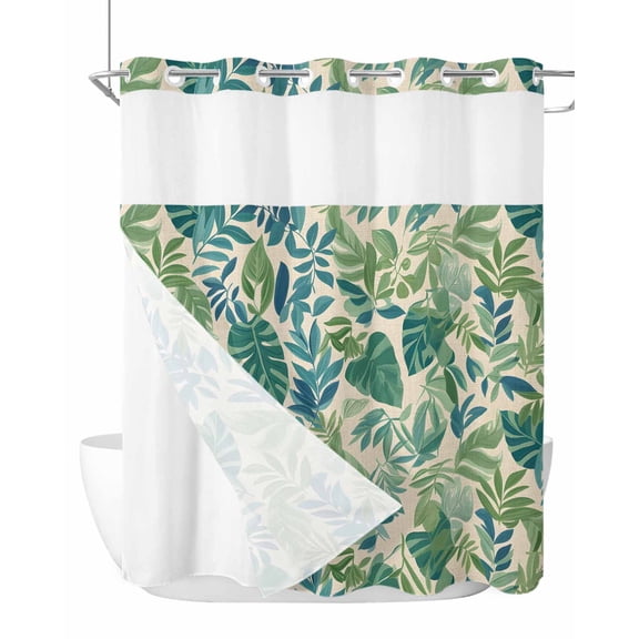 No Hook Cloth Fabric Shower Curtain with Snap in Liner, Green Palm Leaf Waterproof Shower Curtains Set with See Through Top Window, Tropical Plants Retro Pastoral Summer Bath Curtains Shower 66"x72"
