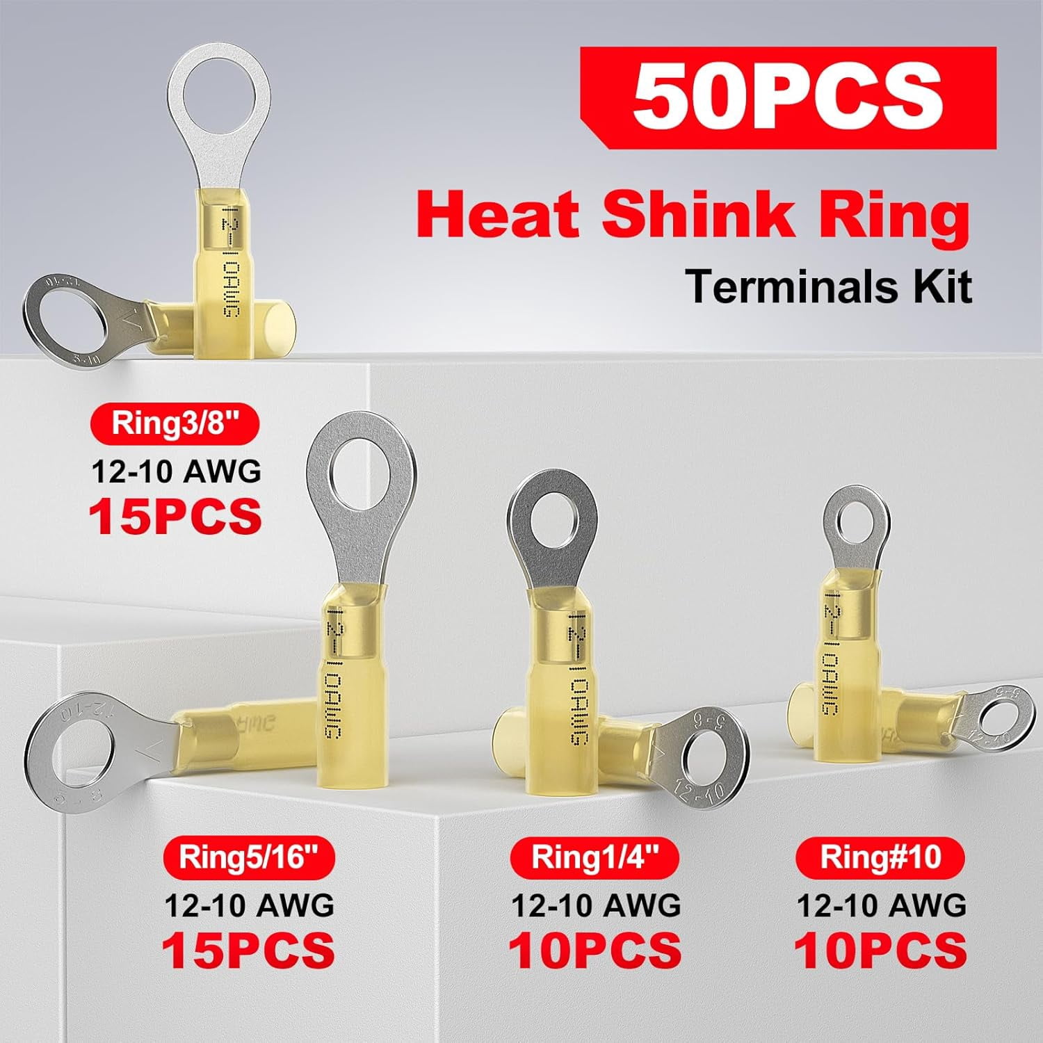 12-10 heat shrink ring terminal kit #10, 1/4 inch, 5/16 inch, 3/8 inch copper terminal connector ends, battery cable wiring terminals, yellow electrical crimp connectors, suitable for 12, 10 AWG wire