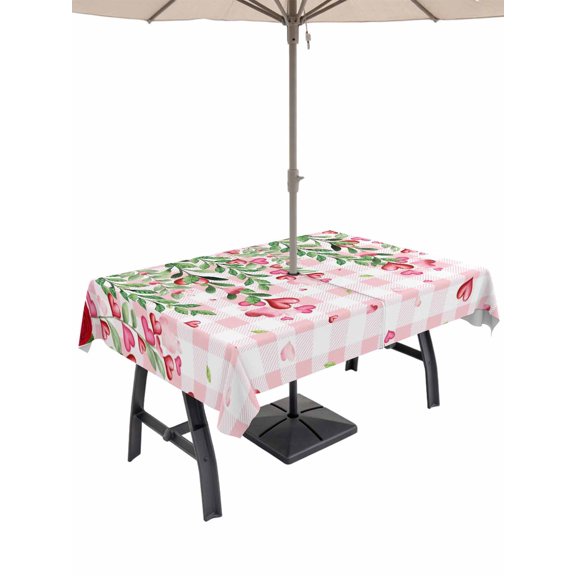 Outdoor Tablecloth with Umbrella Hole and Zipper, Valentine's Day Rectangle Table Cloth 54x80 Inch Waterproof Tablecloth, Pink Red Roses Love Heart Eucalyptus Plaid Picnic Table Cover for Patio