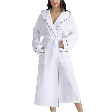 

Womens & Mens Cotton Robes Hooded Bathrobe Super Soft Nightgown with Pockets Unisex Cozy Warm Comfy Sleepwear
