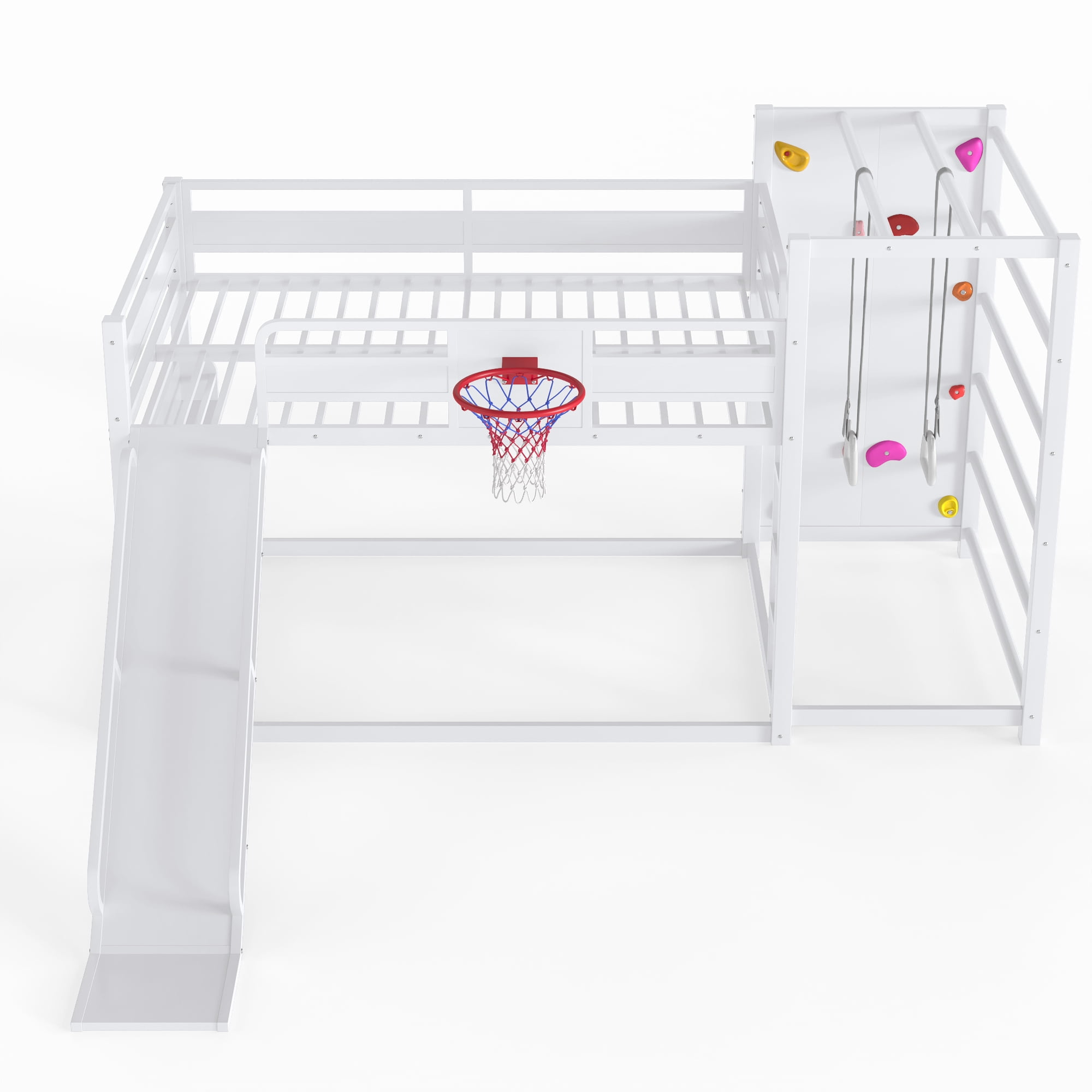 Full Size Loft Bed with Basketball Hoop, Pull-up Rings and Climbing Wall, Metal Loft Bedframe with Bulit-in Bookshelves, Kids Playhouse Bed with Slide for Boys Girls