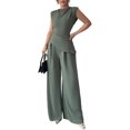 thumbnail image 2 of Stichou Womens Summer 2 Piece Outfit Set Dressy Casual Sleeveless Tank Tops Crew Neck Wide Long Leg Pants with Pockets Green S, 2 of 8