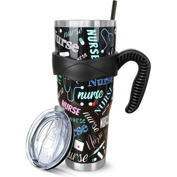 Nurse Tumbler with Handle and Straw 40 Oz, Large Stainless Steel Vacuum Insulated Nurse Tumbler Iced Coffee Cup Water Bottle Travel Mug, Nurse Gifts for Women Men, Colorful Black