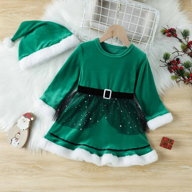 LSLJS Robe de Noël pour Tout-Petite Fille, Robe à Manches Longues pour Filles avec Coutures, Ensemble Robe et Bandeau pour Enfants, Robes de Jeu pour Filles