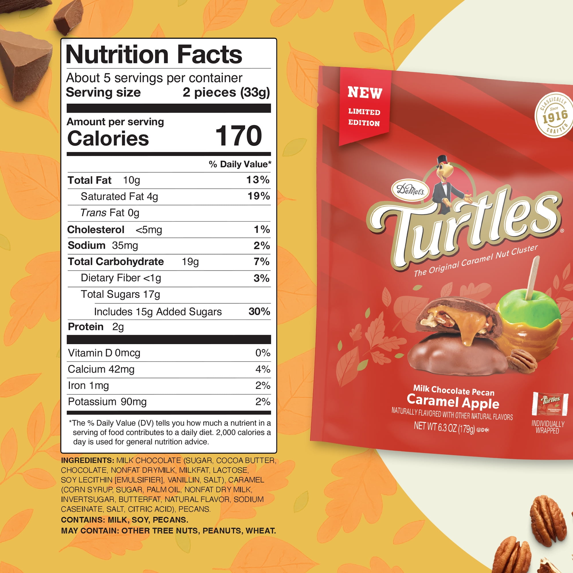 DeMet's Turtles, Caramel Apple Pecan Clusters, 6.3 oz Bag