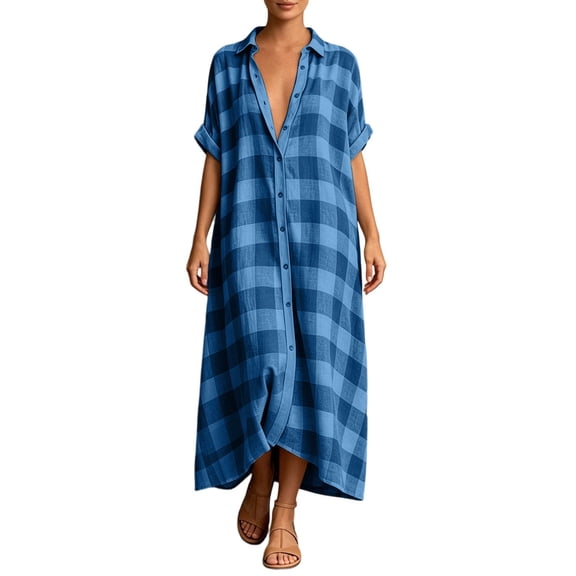 Wsysadlol Summer Dresses for Women Casual Plaid Print Button Up Shirt Dress Lightweight Breathable Half Sleeve Loose Long Tunic Plus Size Beach Cover Up And Loungewear