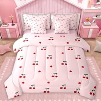 Manfei Girly Pink Cherry Twin Bedding Sets 7-Piece, Kawaii Cute Cartoon Bedding Comforter Set, Kids Teens Girls Women Reversible Sheet Sets, Luxury Bedroom Decor