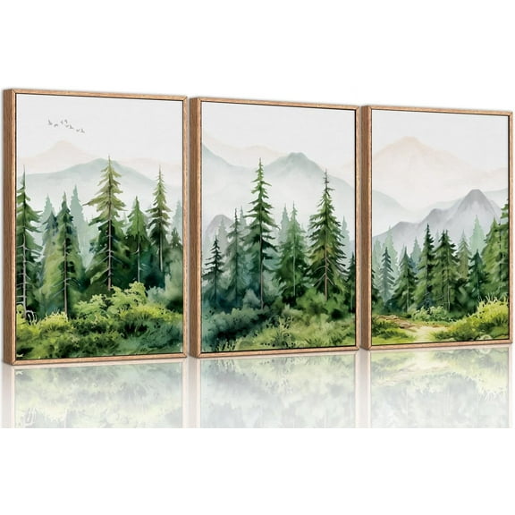 Watercolor Mountain Range Framed Canvas Wall Art Set, Green Forest Tree Wall Decor, Woodland Nursery Wall Painting, Modern Wilderness Art Print for Living Room, Bedroom, Office-16 x24 x3