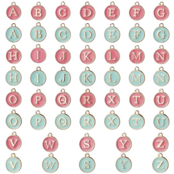 1 caja de 52 dijes de letras del alfabeto de aleación de esmalte con lentejuelas, 26 dijes de letras A-Z