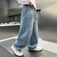 thumbnail image 6 of Boys Wide Leg Denim Jeans Straight Loose Fit Casual Trousers With Comfortable Elastic Waist For Kids Fashion Tween Kids Summer Soft Comfy Trousers Y2K Streetwear Cute Teen Basic Pants, 6 of 8