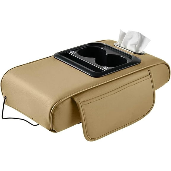 Car Armrest Organizer with USB Charging Ports, 5-in-1 Car Center Console Pad Leather Armrests Pad with Cup Holder, Armrest Storage Box with Cup and Tissue Holder, Auto Accessories ﻿   (Gray)