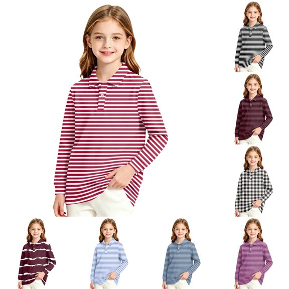 LTTVQM Polo Shirts for Girls Casual Performance Striped Long Sleeve Quick-Dry Collar School Uniform Relaxed Fit Cozy Trendy Shirts Vermilion 2-3 Year