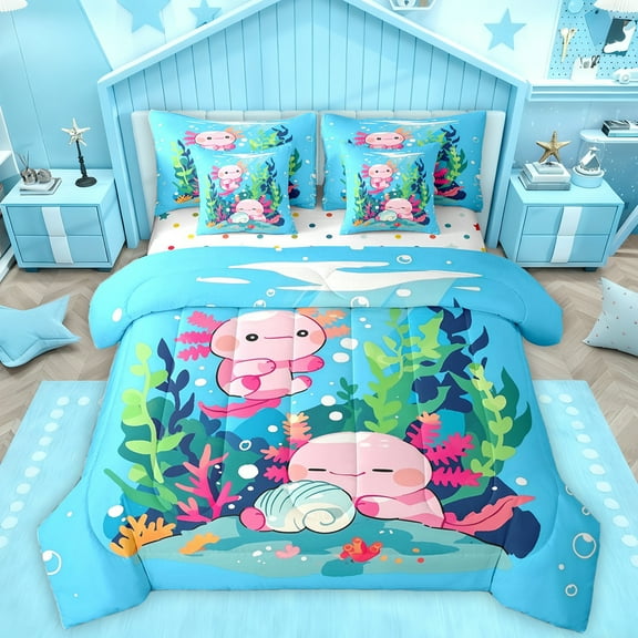 Homewish Cute Axolotl 7-Piece Twin Bedding Sets,Ocean Shell Coral Bedding Comforter Set,Pink Green Blue Sheet Sets For Girls,Ultra Soft Home Decor Reversible