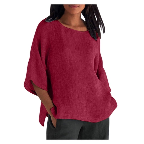 Tops de Mujer Elegantes Blusas Casuales Camisas de Moda Mangas Recortadas Cuello Redondo Línea de Algodón Camisa Suelta Blusa Odeerbi ODB154958