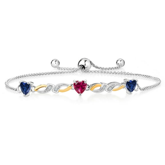 Gem Stone King 1.63 Ct Heart Shape Blue Created Sapphire Red Created Ruby 925 Silver and 10K Yellow Gold Lab Grown Diamond Bracelet for Women