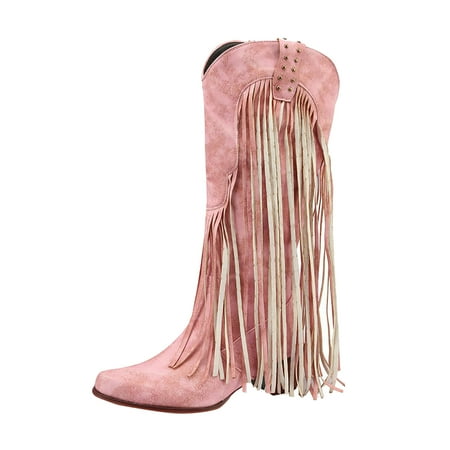 

Fsqjgq Boot Socks for Women Knee High Women High Heel Boots Autumn and Winter Foreign Trade Large Size Fashionable Tassel Boots Thick Heel High Tube Womens Boots Mid High Heels Pink 37