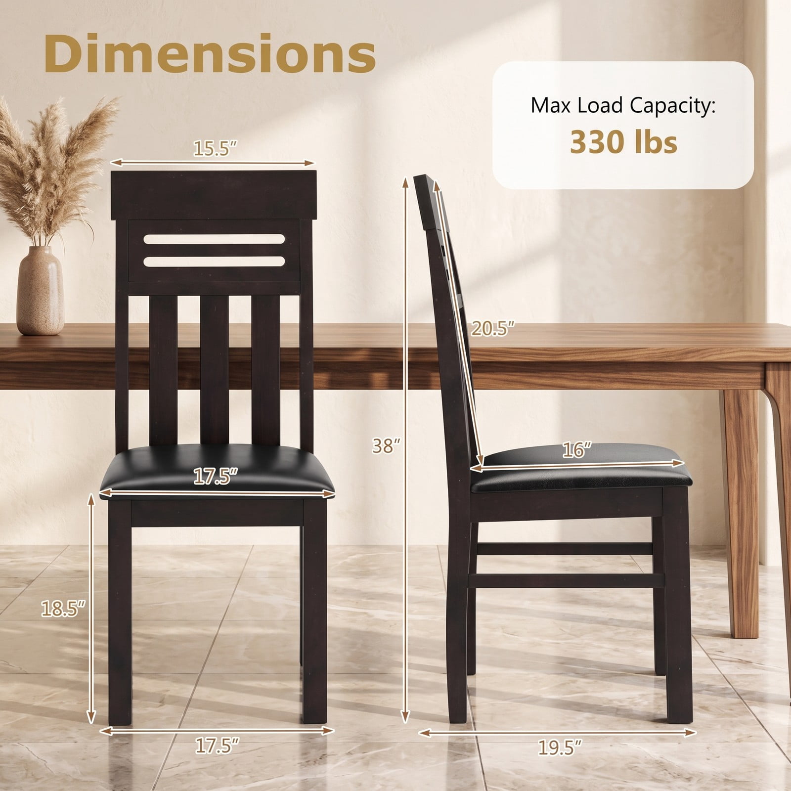 Furnibear Dining Chairs Set of 2, High Back Upholstered Kitchen Chairs with Rubber Wood Legs, PU Leather & Faux Linen Padded Dining Room Chairs, 330 lbs Capacity, Brown