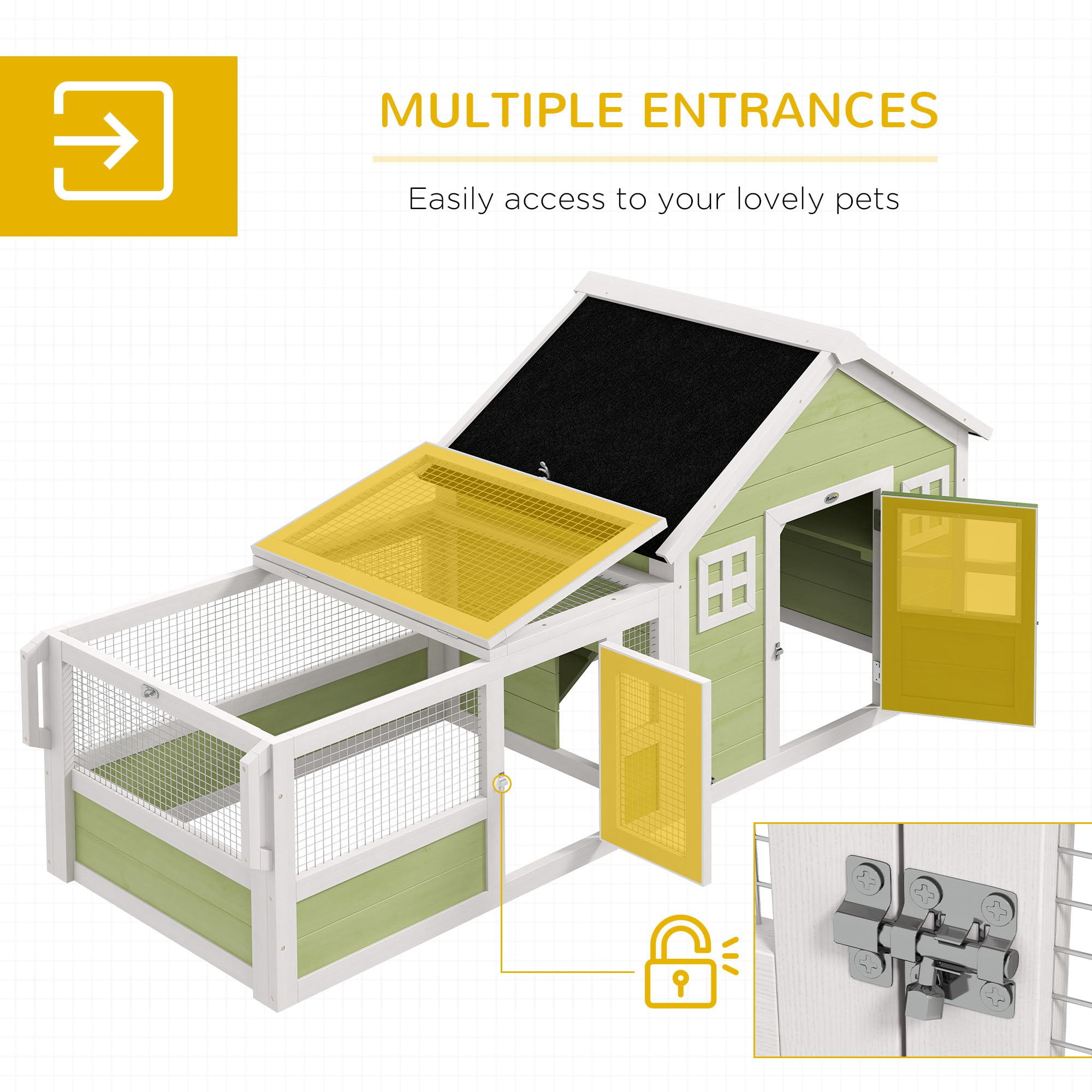 Rabbit Hutch, Outdoor Rabbit Cage or Guinea Pig Cage with Asphalt Roof, Handle, Wheels, 64 Inch Wooden Bunny Cage for Small Animals, Multicolor