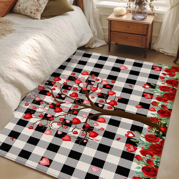 Area Rug for Living Room, Valentine's Day Non-Slip Indoor Large Carpet for Bedroom/Dining Room, Romantic Love Trees Red Roses Black Plaid Washable Low-Profile Rectangle Floor Runner Rugs - 4 x 6 Ft