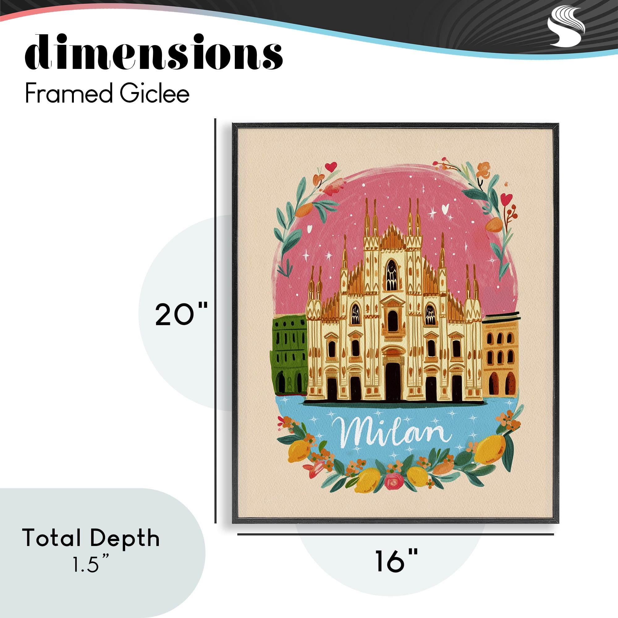 Floral Bordered Milan Black Framed Giclee Art, design by Yen