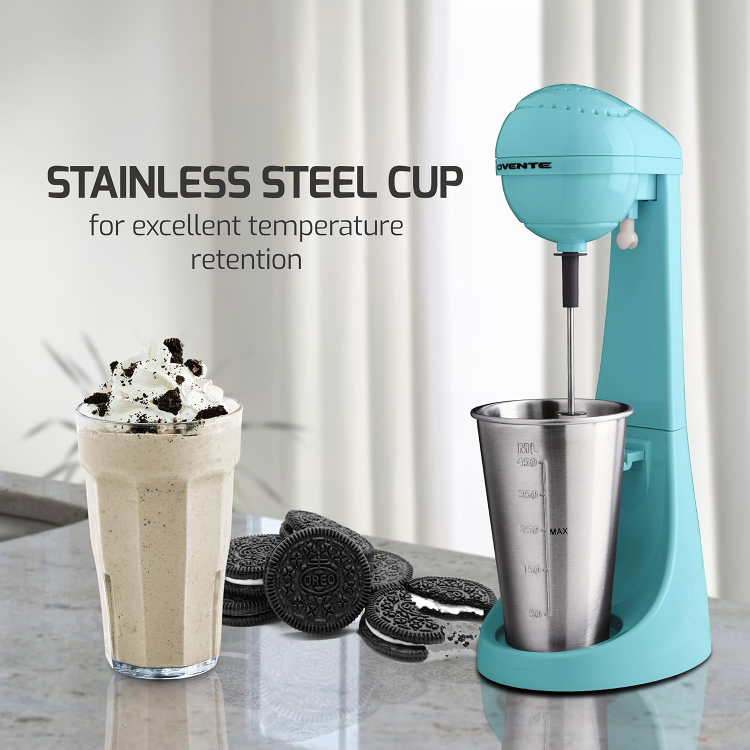 OVENTE Classic Milkshake Maker Machine 2 Speed with 15.2 Oz Stainless Steel Mixing Cup, Compact & Easy Clean Drink Mixer Blender