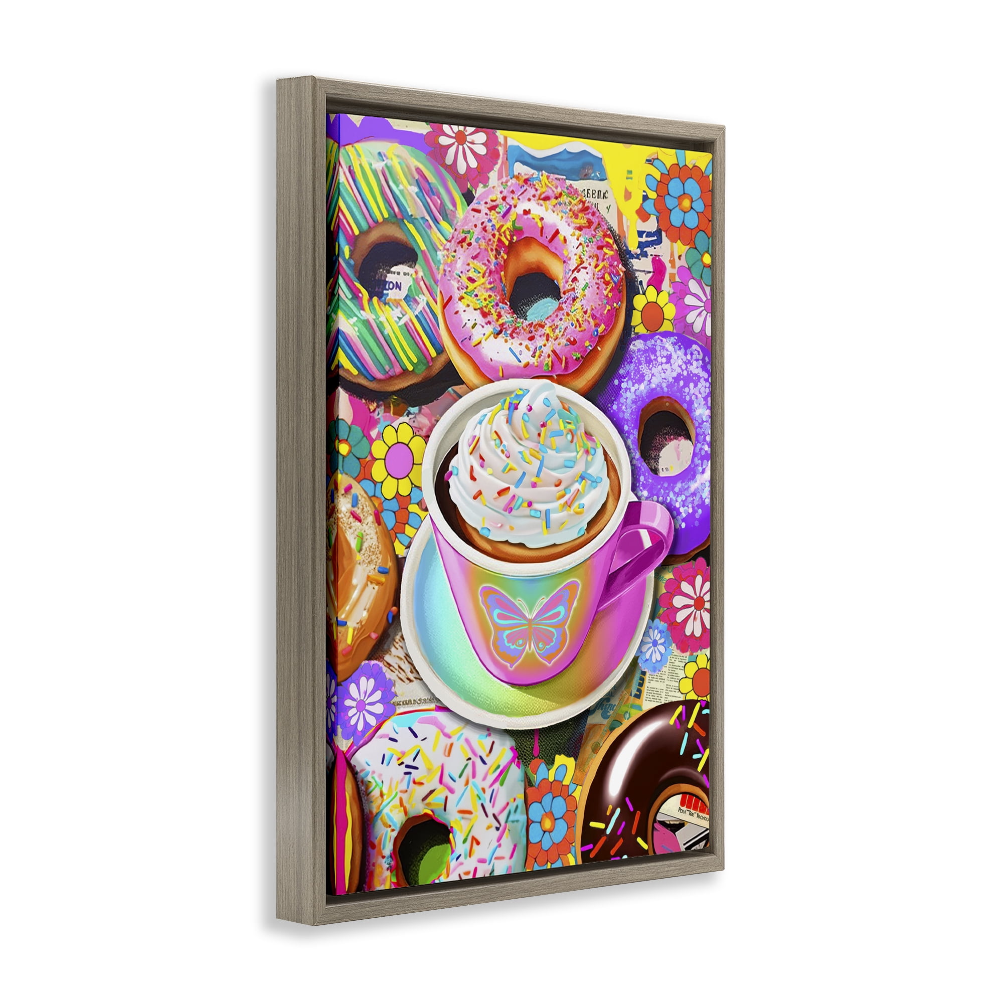 Stupell Industries Pastel Donuts & Coffee Mug Food & Beverage Painting Brown Floater Framed Canvas Art Print Wall Art, 17 x 25