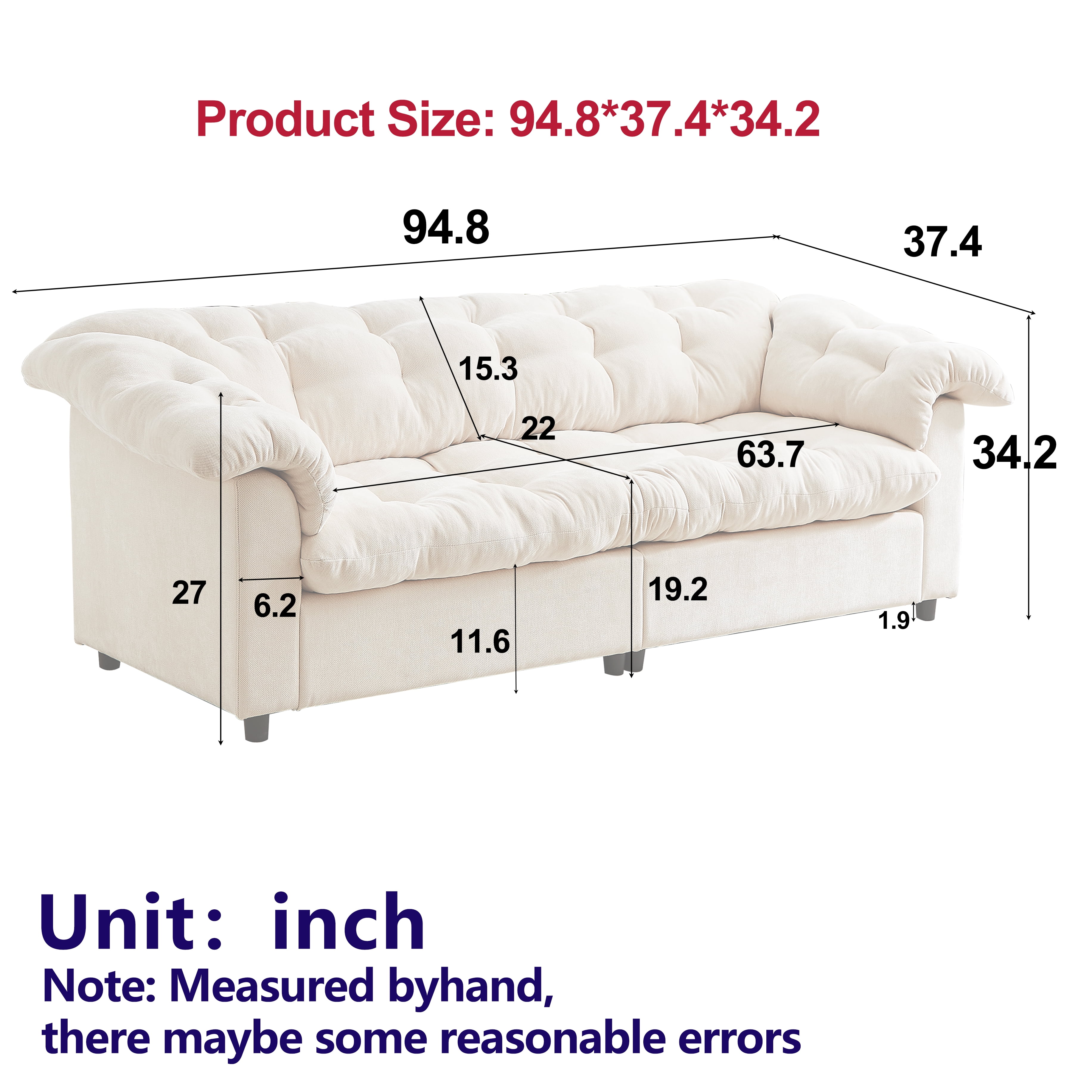 Eyisean 94.8" Chenille Oversized Tufted Loveseat Sofa, Comfy Fluffy Upholstered Cloud Couch with Armrest Pillows, Modern Deep Seat Sectional Couches for Living Room, Bedroom, Apartment