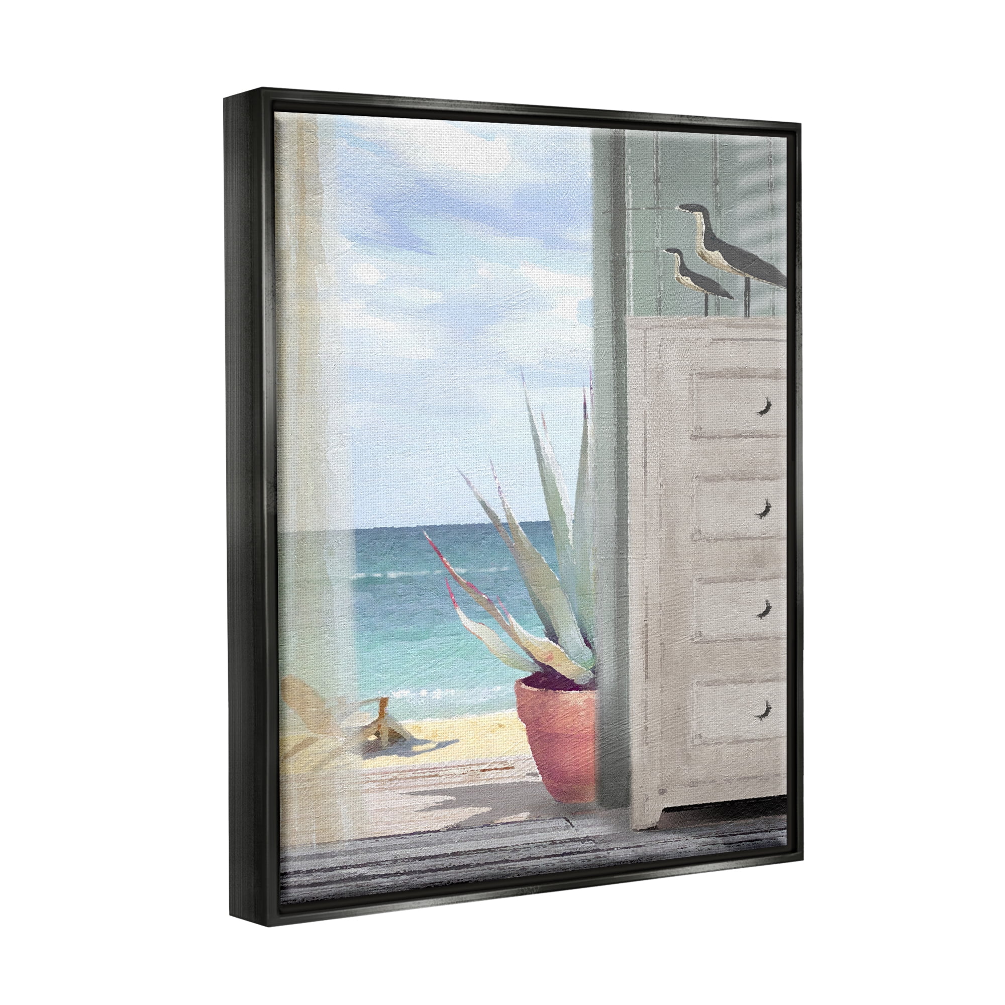 Stupell Industries Coastal Doorway Beach View Nature Painting Black Floater Framed Art Print Wall Art, 25 x 31