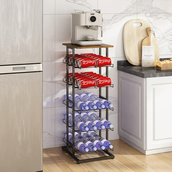 3 5 6 7 8 Tier Water Bottle Storage with Wooden Tabletop, Beverage Can Rack,Large Capacity Bottled Rack Water Bottle Holder Stand for Cabinet,Countertop Kitchen,Party,Black