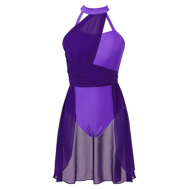 CHICTRY Costume de Danse Lyrique pour Femmes Robe Sans Manches Asymétrique Contemporain Ballet Danse Moderne Violet Foncé S