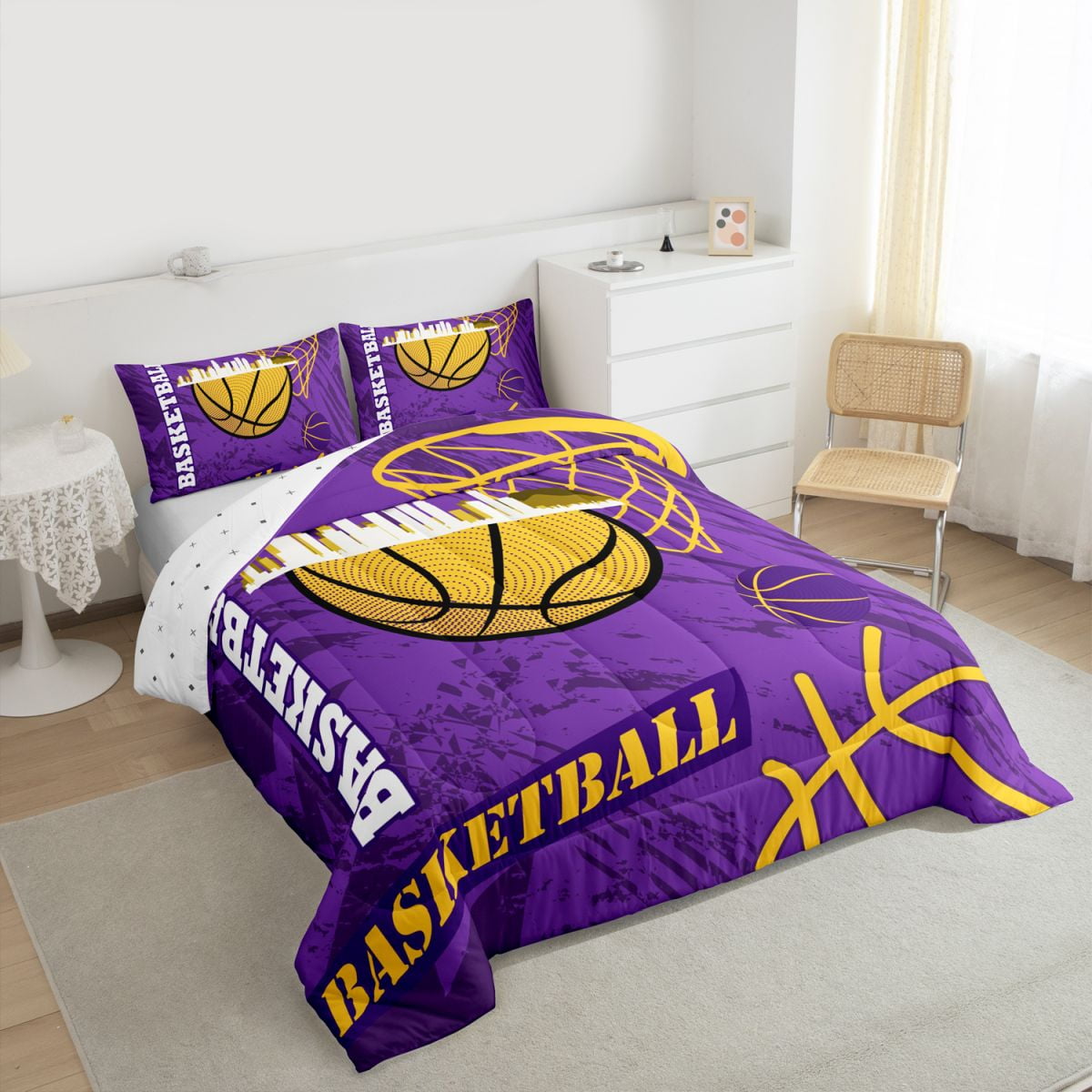 Feelyou Eat Basketball Sleep Bedding Comforter Set for Boys, Purple Gold Graffiti Twin Comforter Sets, Modern Sports Theme Reversible Bedding Set, Microfiber Bedroom Decor, 2-Piece