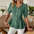 thumbnail image 2 of Ytndtr Women's Fashion Casual Solid Color V-Neck Buttoned puff sleeves Top, 2 of 7