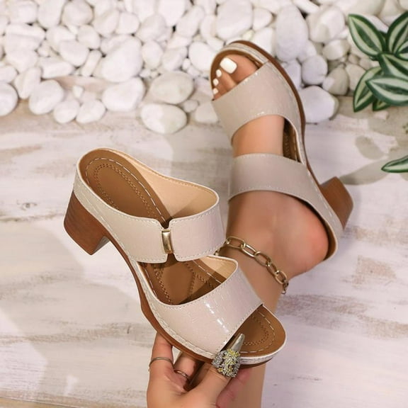 Bxsruta Embossed Texture Sandals with Decorative Buckle Accent, Moderate Block Heel for Women's Casual Style